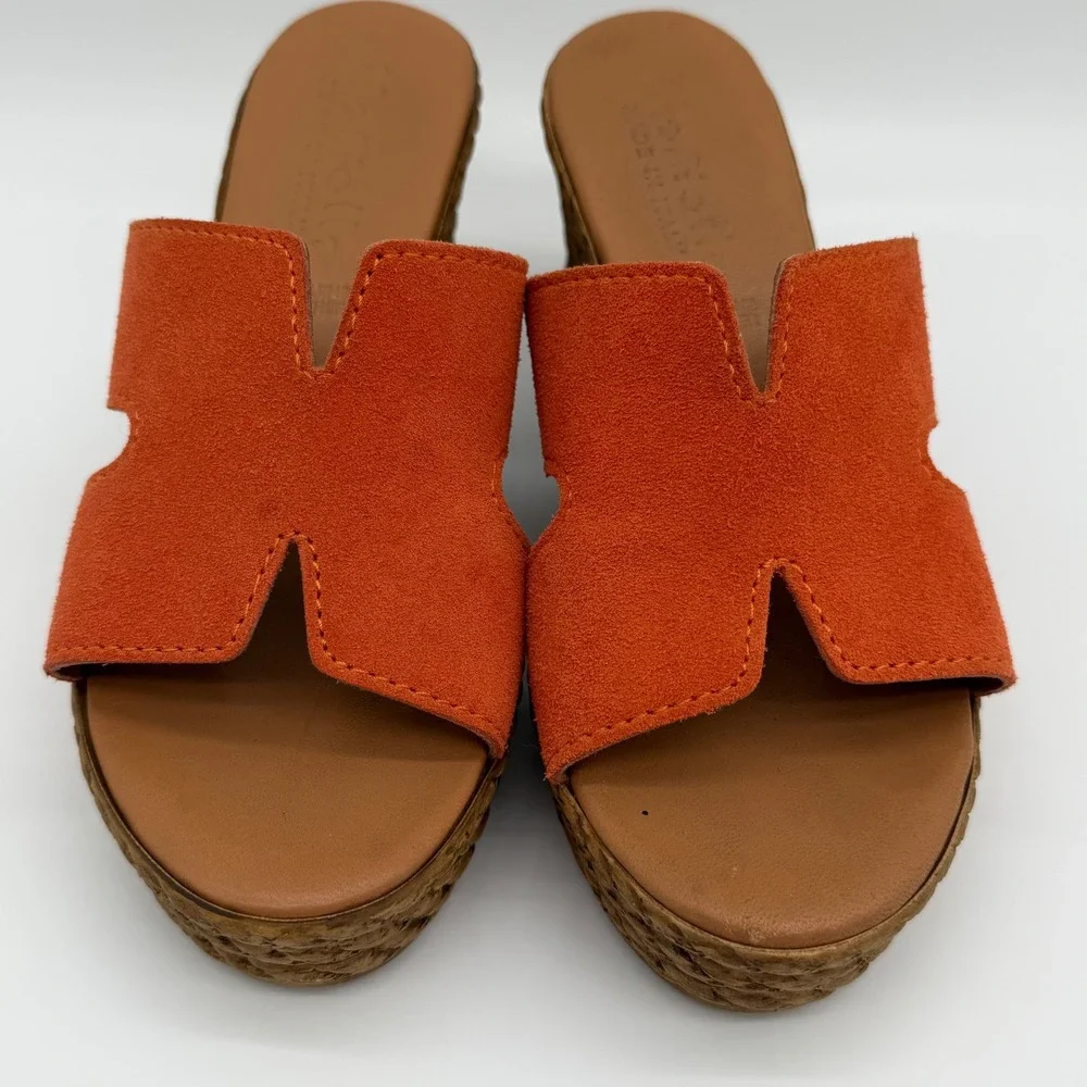 Mariella‎ Italy Orange Suede H-Cutout Rope Platform Wedge Sandals Womens 38